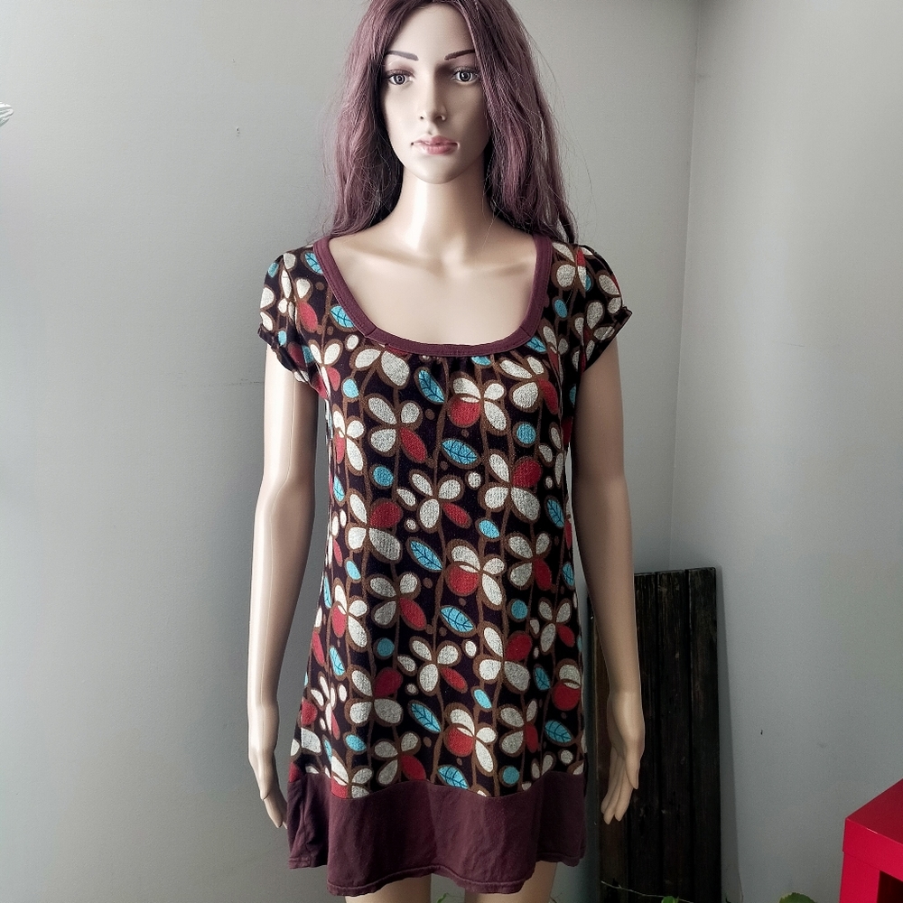 Pussycat London Brown Long Line Top Dress Floral Short Sleeves Scoop Neck